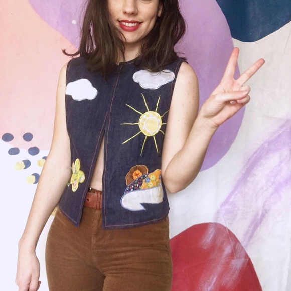 Vintage Tops - VINTAGE Groovy 1970s Denim Patchwork Sunshine Vest